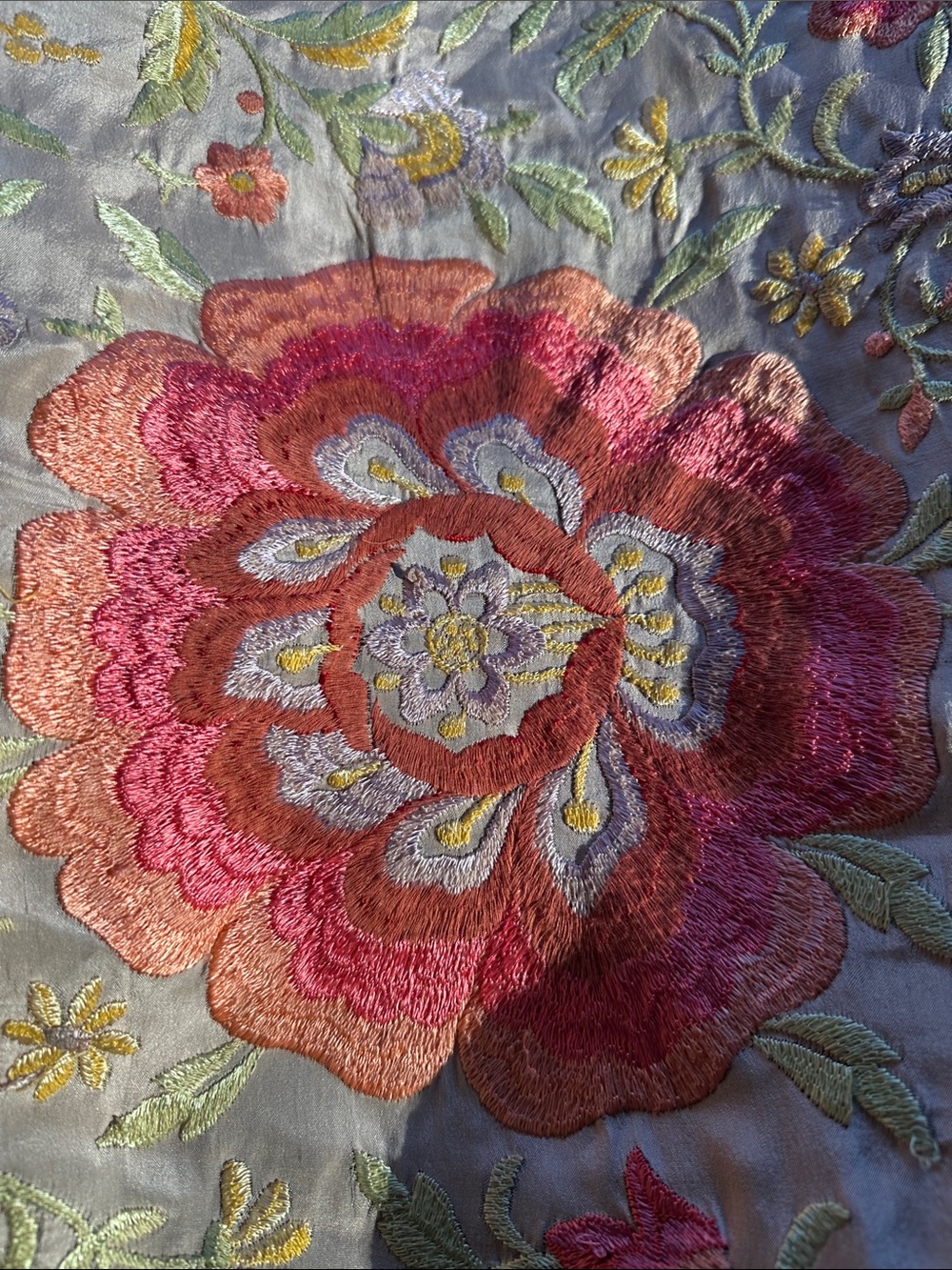 Vintage Silk Piano Shawl Hand-Embroidered Floral in Pale Pink- hot pink flowers - Picture 13 of 16